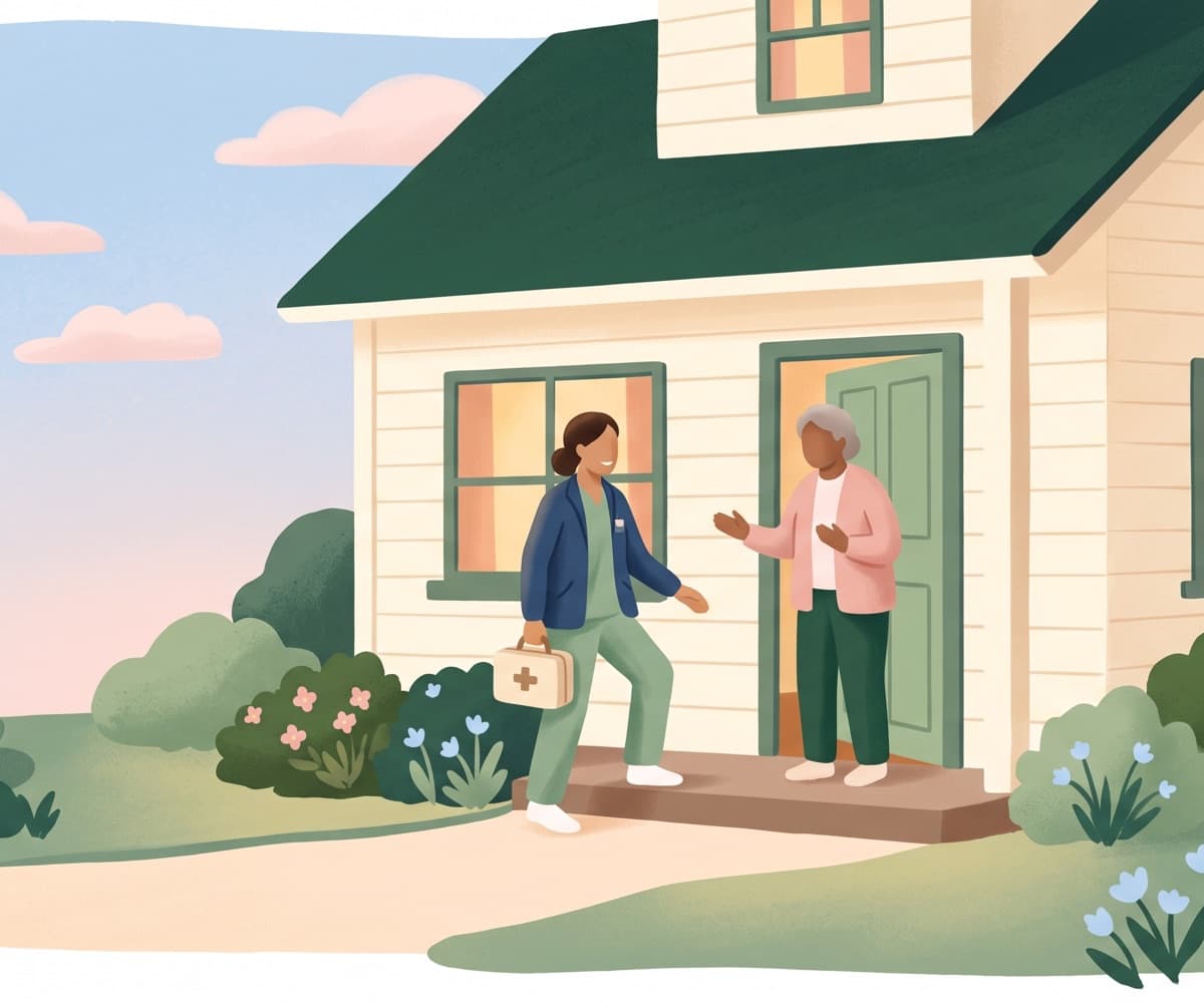 A clinician greeted warmly at a front door in golden-hour light