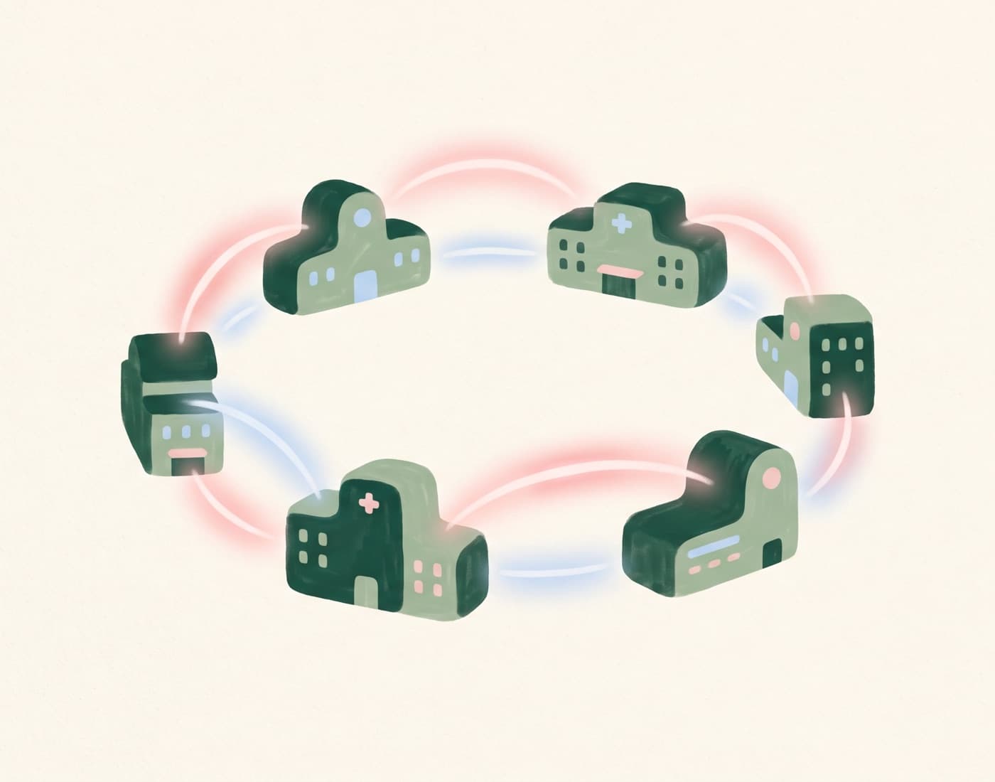 Illustration of connected small hospitals exchanging soft light