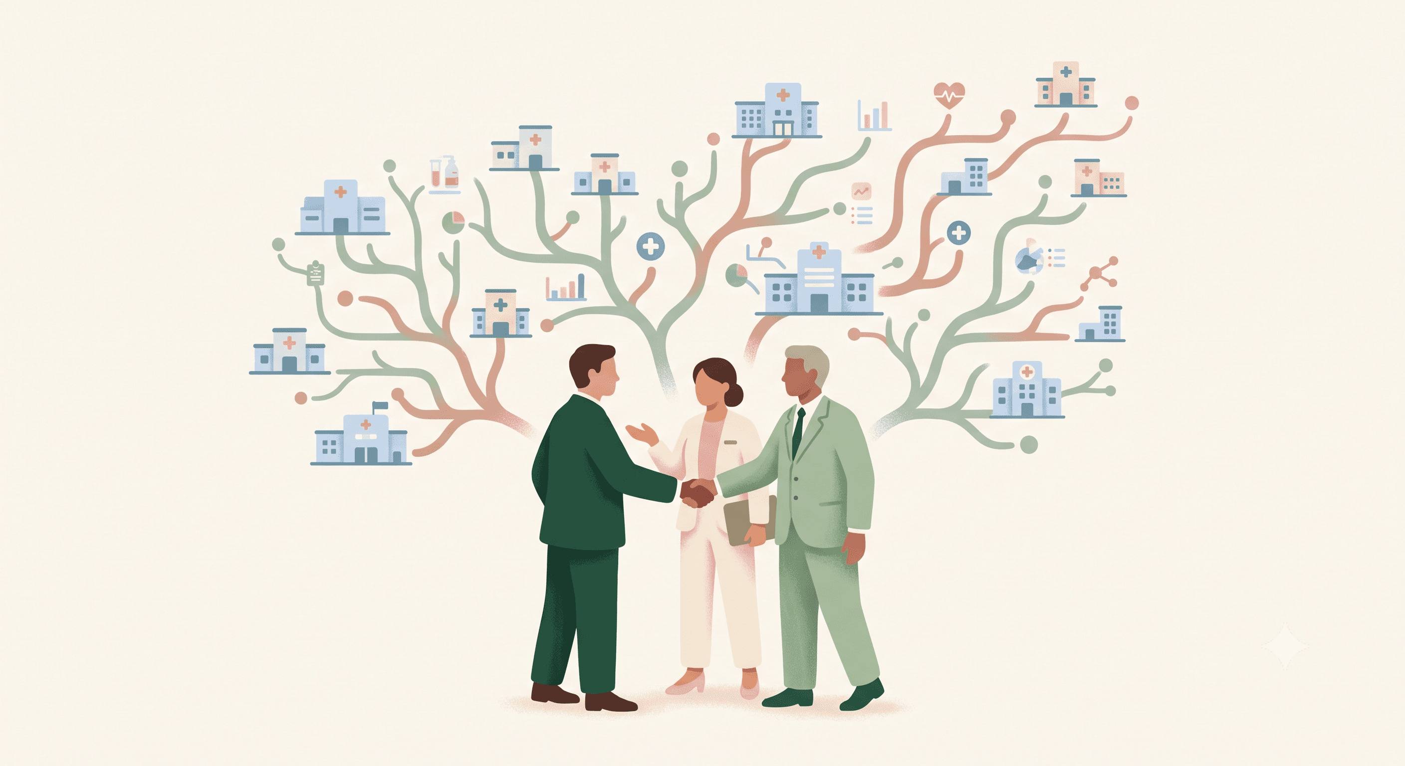 Hospital leaders shake hands beneath a network of connected hospitals