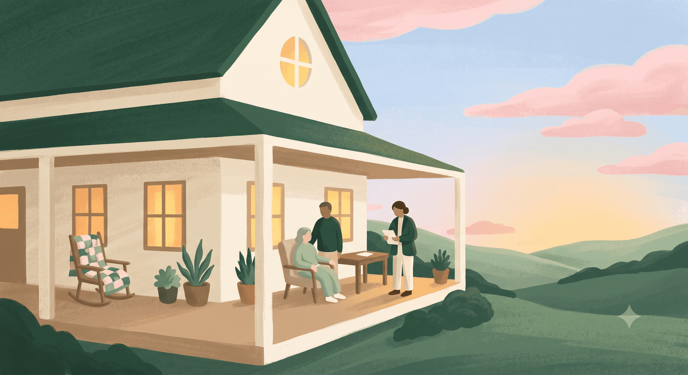 A clinician meets with a patient and family on a porch at sunset