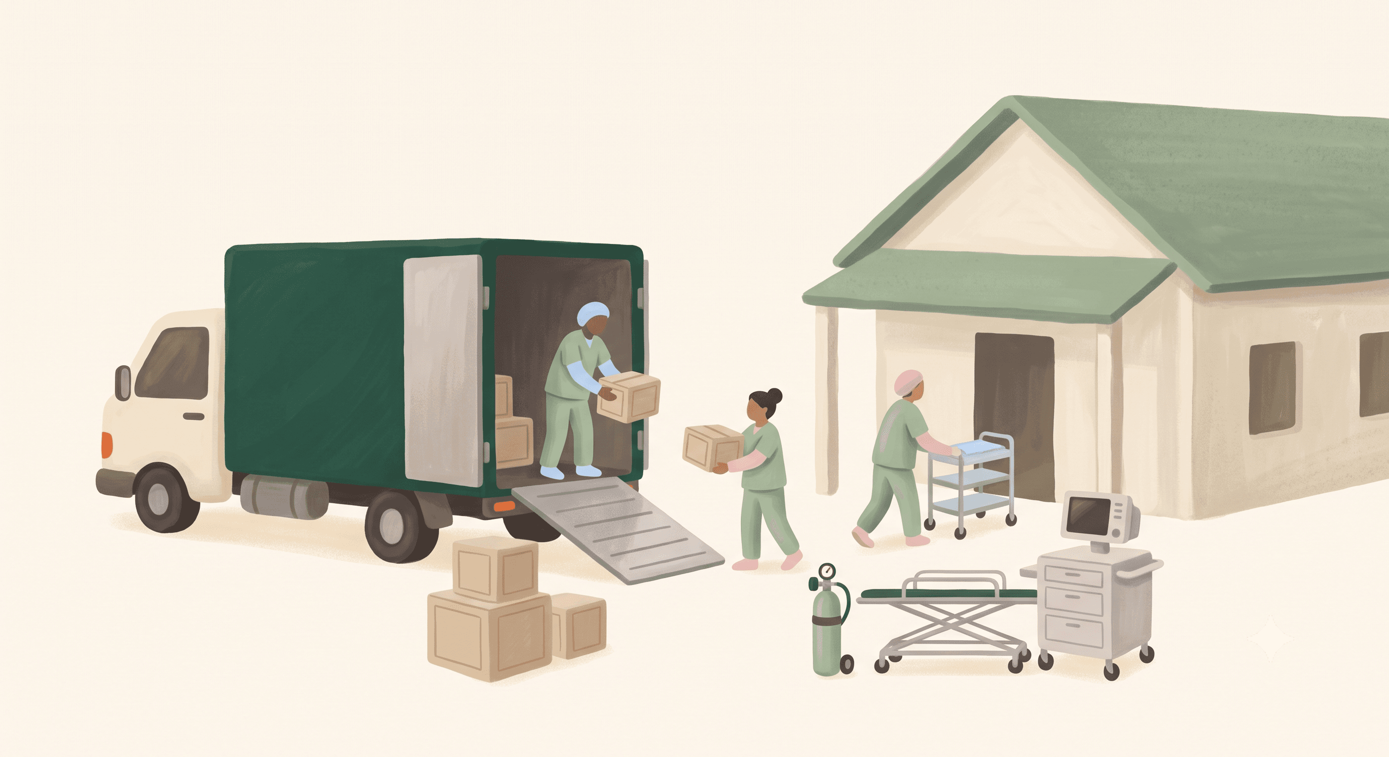 Clinicians unload equipment from a delivery truck outside a home